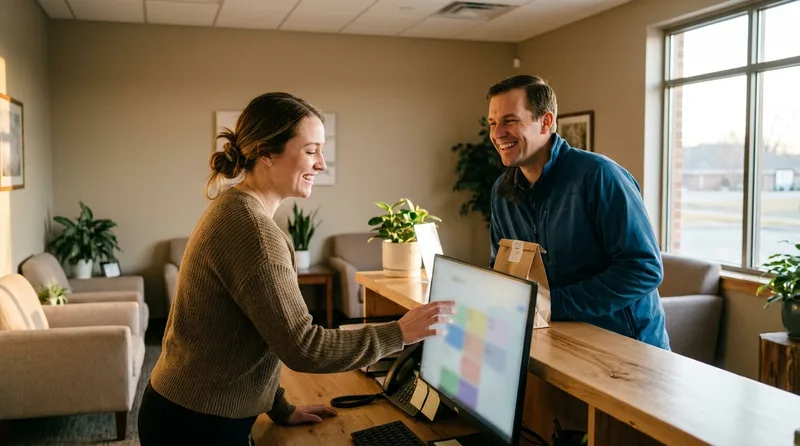 Front desk coordinator warmly confirming a new patient's next appointment before they leave the office