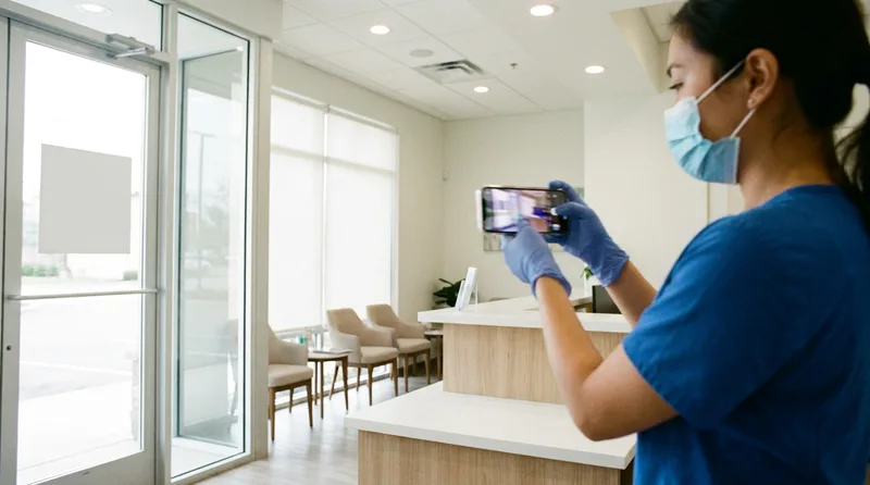Dental team member filming a video walkthrough of the office reception area for Google location verification