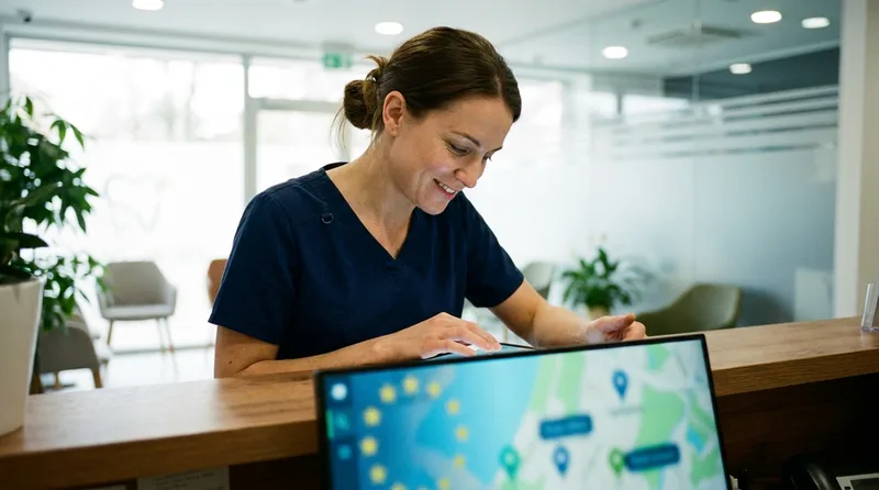 Dental office team member checking map listing and patient reviews on a tablet