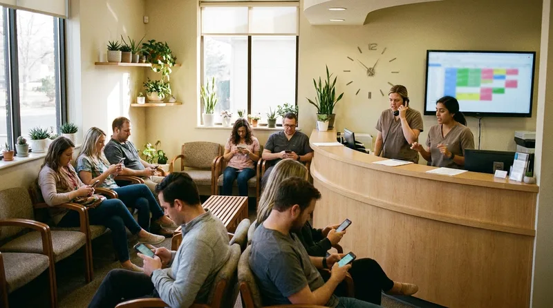 Patients waiting in a dental office reception area while front desk staff handle calls during an overbooked morning