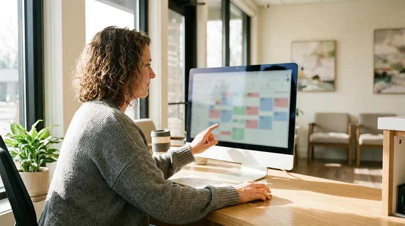 Front desk coordinator reviewing an online dental appointment schedule on a monitor