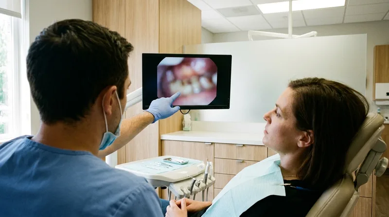 Dentist showing a patient an intraoral camera image on a chairside monitor to explain recommended treatment