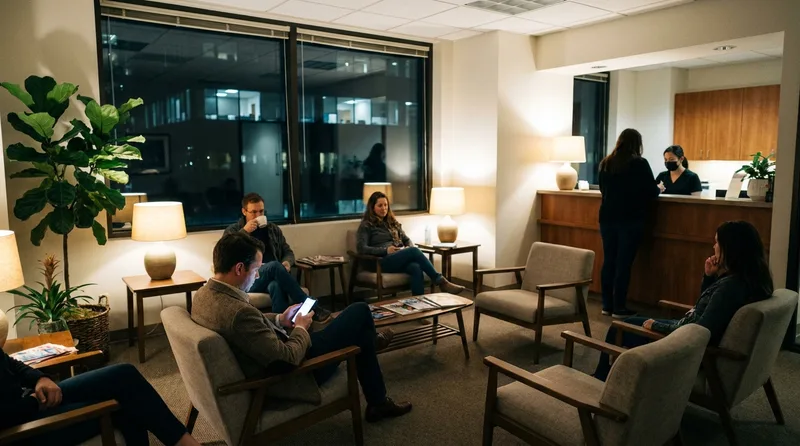 Evening dental office waiting room with patients seated and one reading on a phone