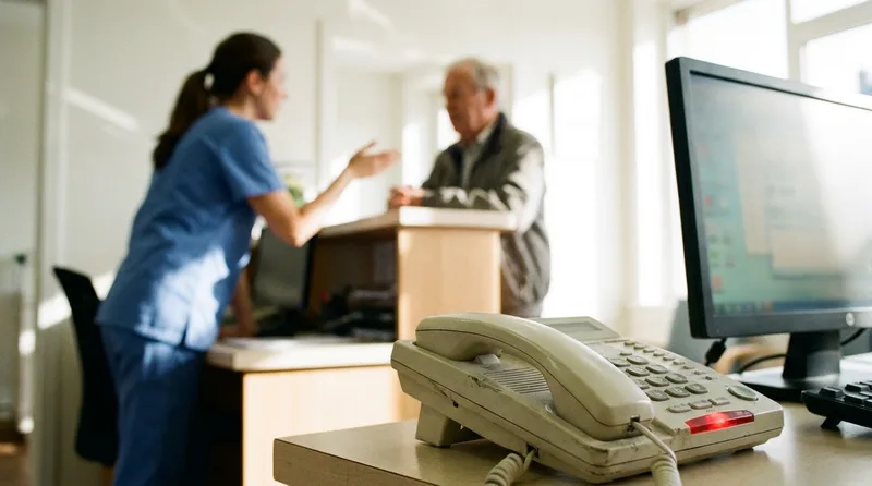 Ringing desk phone at a dental front desk while a team member checks in a patient nearby