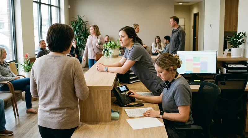 Busy dental office front desk during a packed morning rush with an unanswered phone ringing nearby