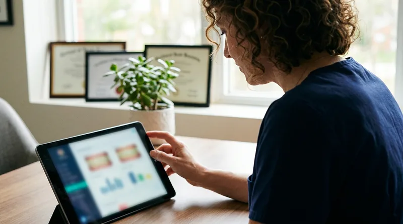 Dentist reviewing an entity choice checklist on a tablet in a private office