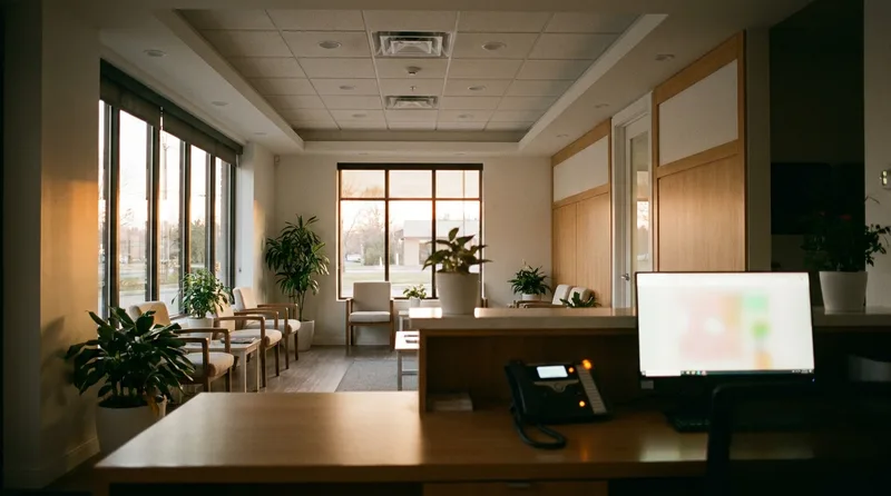 Empty dental reception desk in the evening with a desk phone message light glowing after closing time