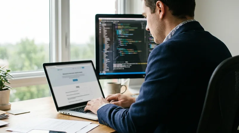 Dentist reviewing an answer-first treatment page and schema markup on a laptop