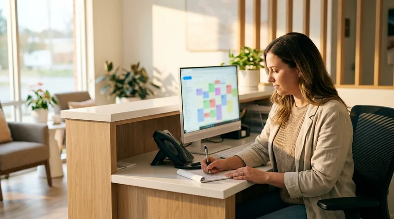 Dental treatment coordinator reviewing unscheduled treatment plans on a monitor before making follow-up calls