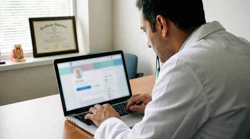 Dentist reviewing a professional LinkedIn profile on a laptop in a private office