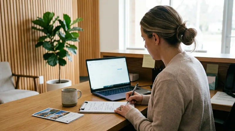 Dental office manager planning conference travel and team coverage with a checklist and laptop calendar at the front desk