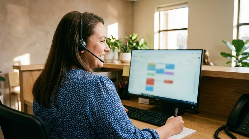 Dental receptionist wearing a headset confirming a new patient appointment on a scheduling screen