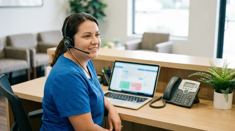 Dental front desk team member on a headset managing calls with a call list open on a laptop