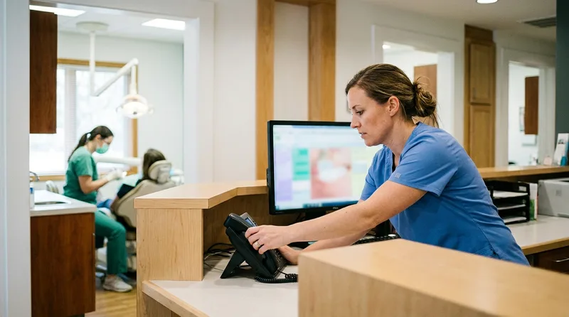 On-site dental office staff member handling a call transferred from virtual reception during an escalation
