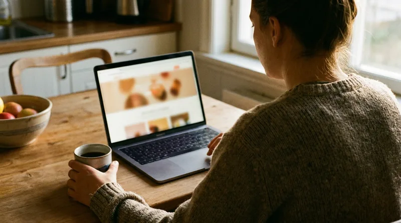 Patient comfortably reading plain-language dental website copy on a laptop