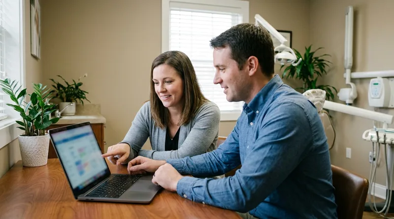 A software vendor implementation specialist working alongside dental practice staff on data migration