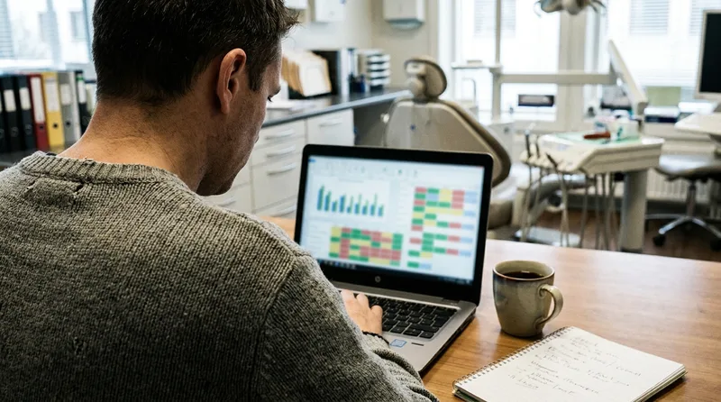Dental office manager comparing staffing costs and call reports on a laptop
