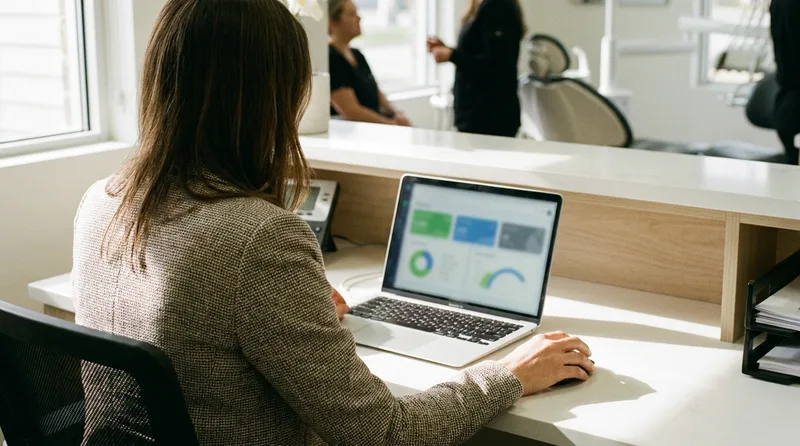 Dental office manager reviewing a call and scheduling analytics dashboard on a laptop
