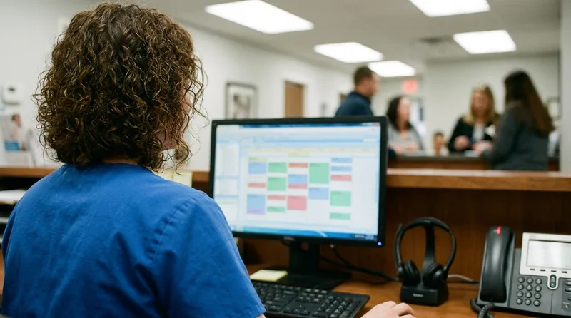 Dental front desk coordinator reviewing a recall schedule while the phone rings, weighing staffing versus automating follow up