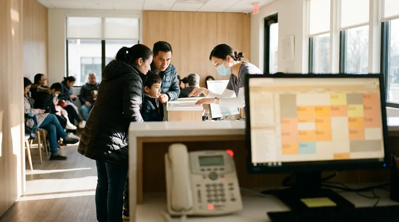 Dental front desk team member checking in a family while a nearby desk phone rings unanswered