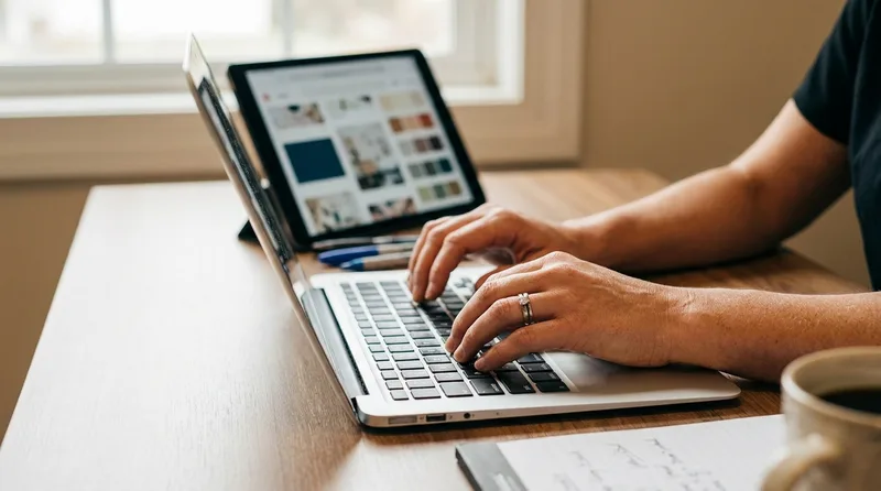 Hands typing on a laptop beside a tablet with a draft post while batching dental social media content