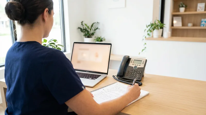 Dental front desk team member reading a script at a desk before recording a voicemail greeting