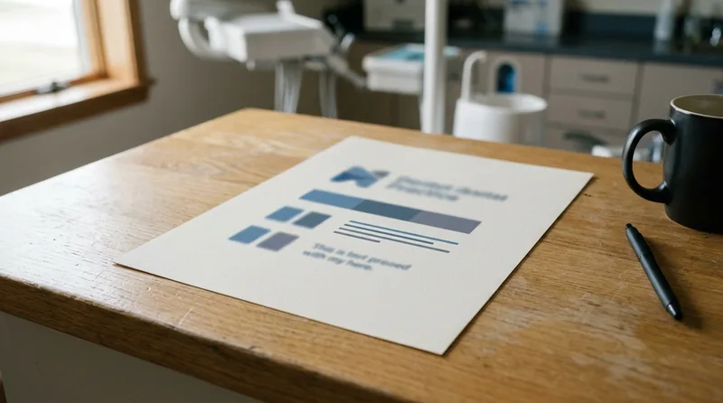 One-page dental brand identity sheet with logo, color swatches, type sample, and written brand promise on a desk