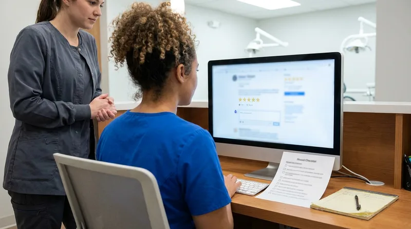 Dental office manager reviewing a drafted reply to an online patient review before approving it for posting