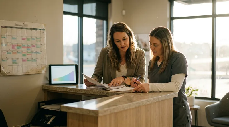 Dental office manager and front desk coordinator comparing before-and-after appointment data