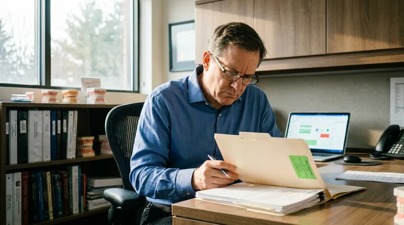 Dental practice owner reviewing compliance paperwork in a private office