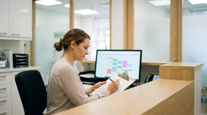 Dental office manager reviewing a printed compliance checklist at the front desk