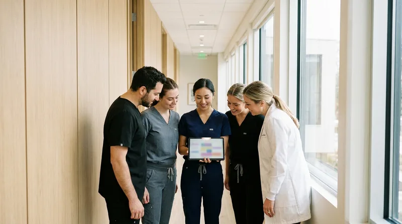 Dental team gathered in a morning huddle reviewing the day's schedule on a tablet