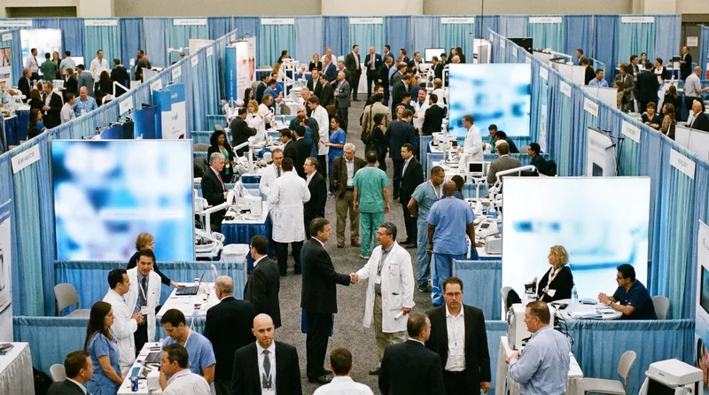 Dental conference exhibit hall with attendees networking at booths