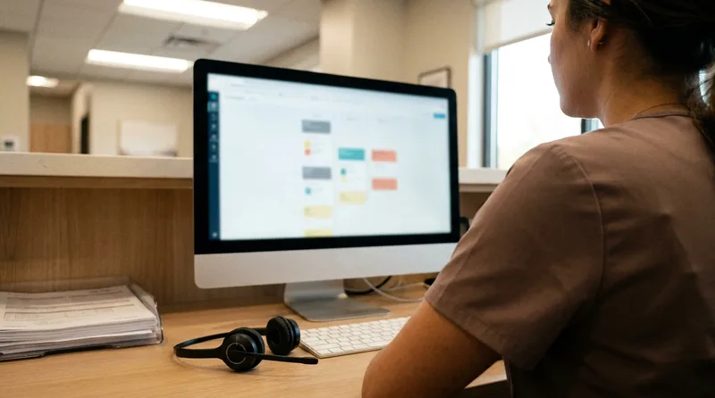 Dental office coordinator setting up an automated four-touch appointment reminder sequence on a desktop monitor