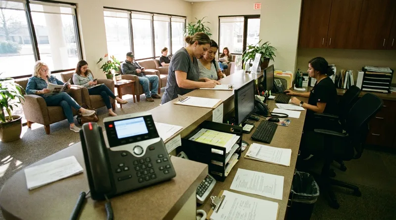 Busy dental front desk where staff help a patient at the counter while a phone rings unanswered