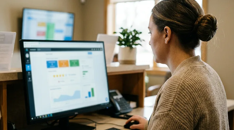 Dental office manager reviewing patient star ratings and responses on a reception desk monitor