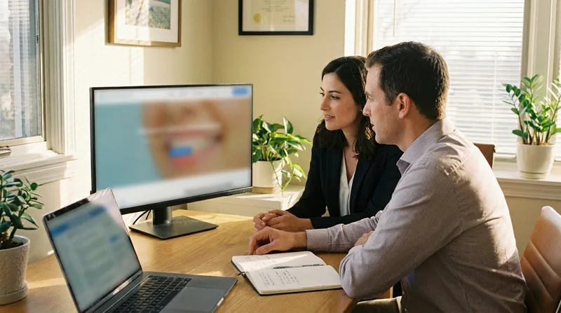 Dental practice owner and office manager reviewing a clean practice website design on a large desktop monitor