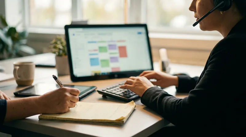 Dental receptionist with a headset booking a new patient appointment on a scheduling screen