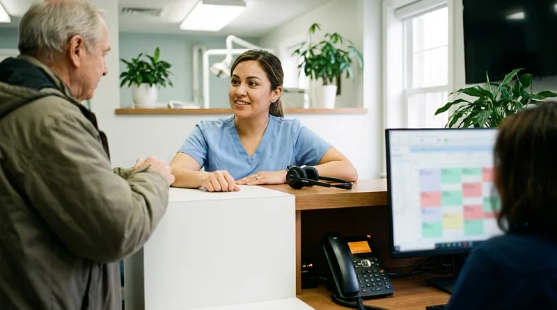 Dental front desk coordinator assisting a patient at the counter while another phone line lights up on the desk