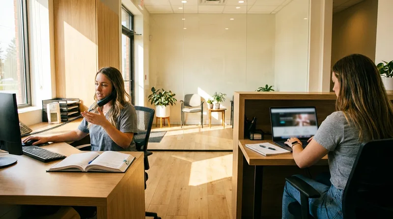 Dental front office with a receptionist on the phone and a coordinator working on a website