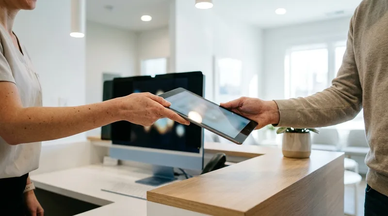 Dental front desk team member handing a patient a tablet for secure digital intake forms