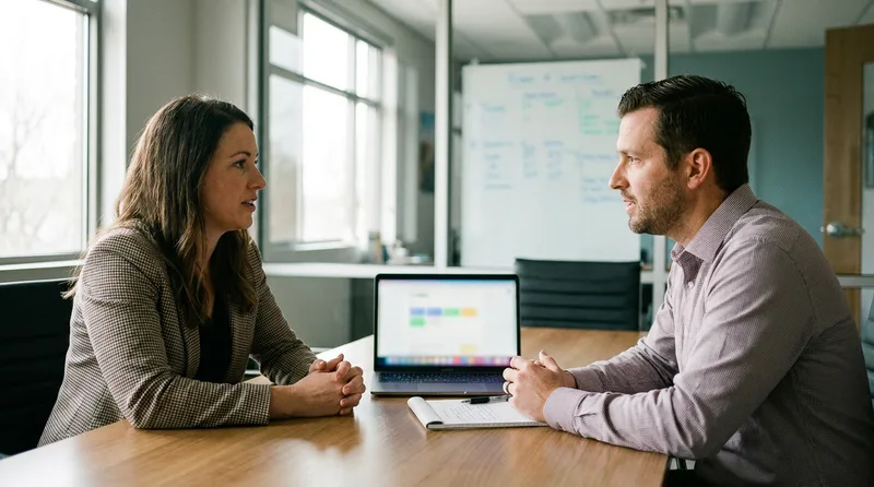 Practice owner and office manager planning call handling for a Denticon AI receptionist at a conference table