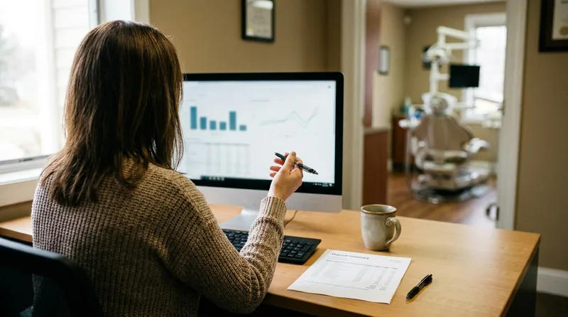 Dental office manager comparing weekly production and collection figures on a monitor in the back office