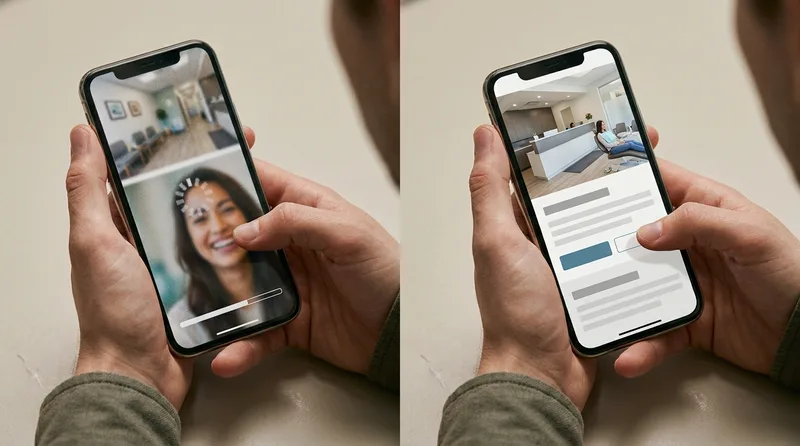 Split comparison of a slow-loading vs fast-loading dental website homepage on mobile