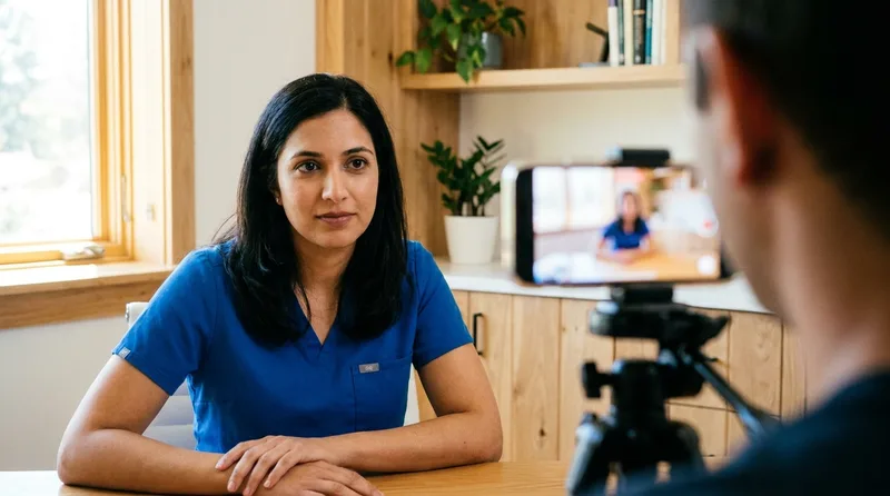 Smartphone on a tripod framing a dental provider from mid-chest up for a video introduction