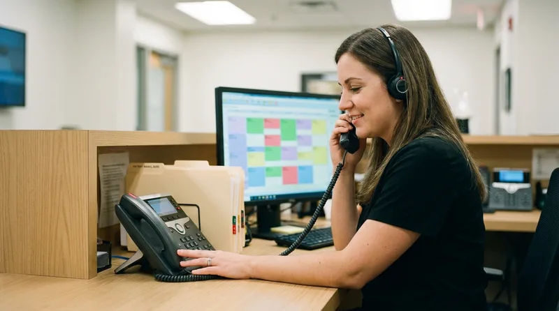 Dental front desk coordinator answering a patient call while a second phone line waits on hold