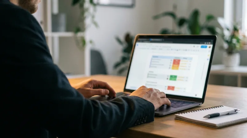 Dental practice owner reviewing a written risk assessment report on a laptop