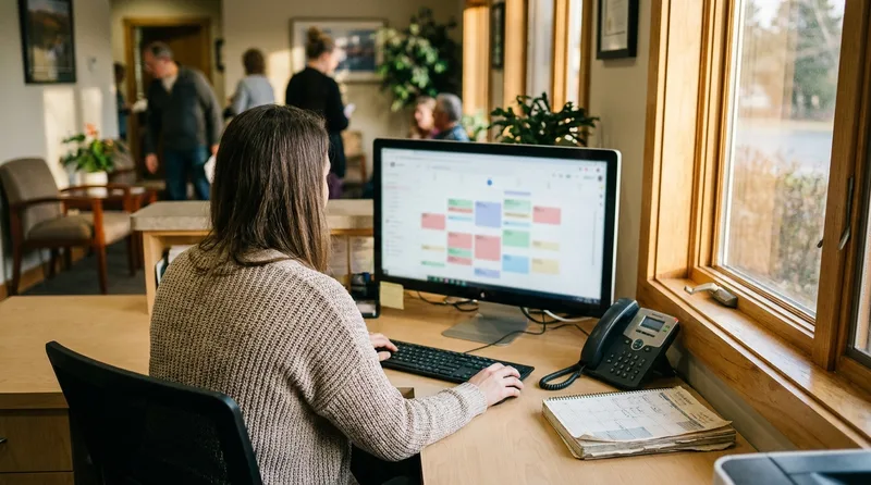 Dental office manager reviewing a color-coded monthly content planner on a desktop monitor at the front desk