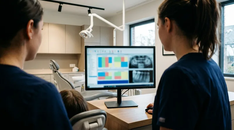 Dental assistant reviewing a patient chart in EHR software on a clinic computer