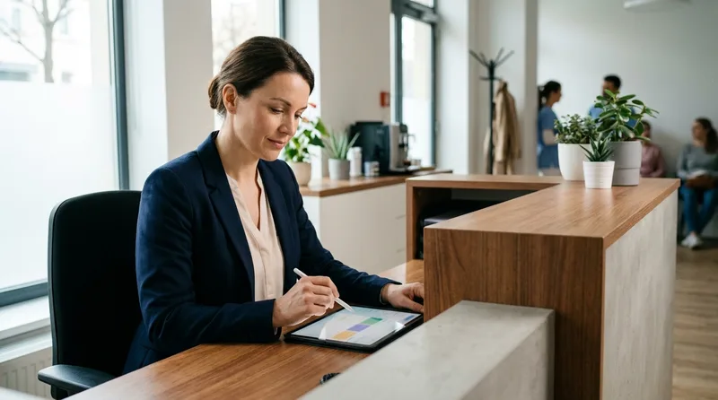 Dental office manager reviewing an AI call-handling dashboard at the front desk